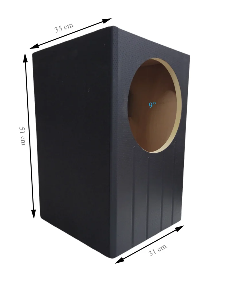 CJN Cajon porteado para 1 woofer 10 de .65 pies cúbicos alfombrado con frente vinil MDF 15mm. negro