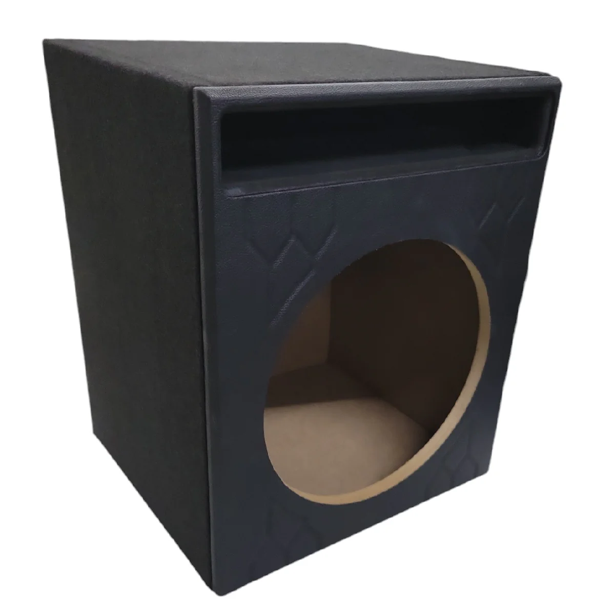 CJN Cajón porteado para 1 woofer 12 de .65 pies cúbicos alfombrado con frente vinil MDF 15mm negro